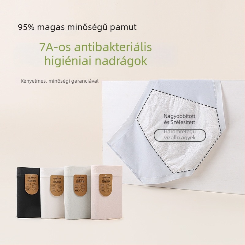 Női pamut menstruációs alsónemű antibakteriális ágyéki rész, szivárgás elleni védelem, középmagas derekú, fő anyag 95% pamut, bélés 95% pamut.