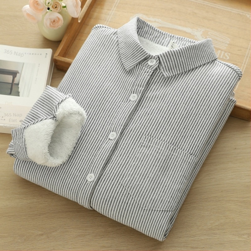 Női hosszú ujjú oxford pamutból készült ing fleece-béléssel, hímzett, laza szabású, mindennapi és sokoldalú, művészi retro
