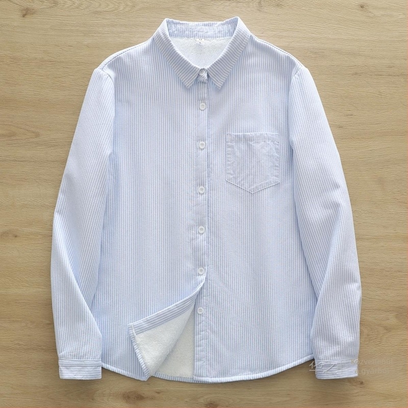 Női hosszú ujjú oxford pamutból készült ing fleece-béléssel, hímzett, laza szabású, mindennapi és sokoldalú, művészi retro