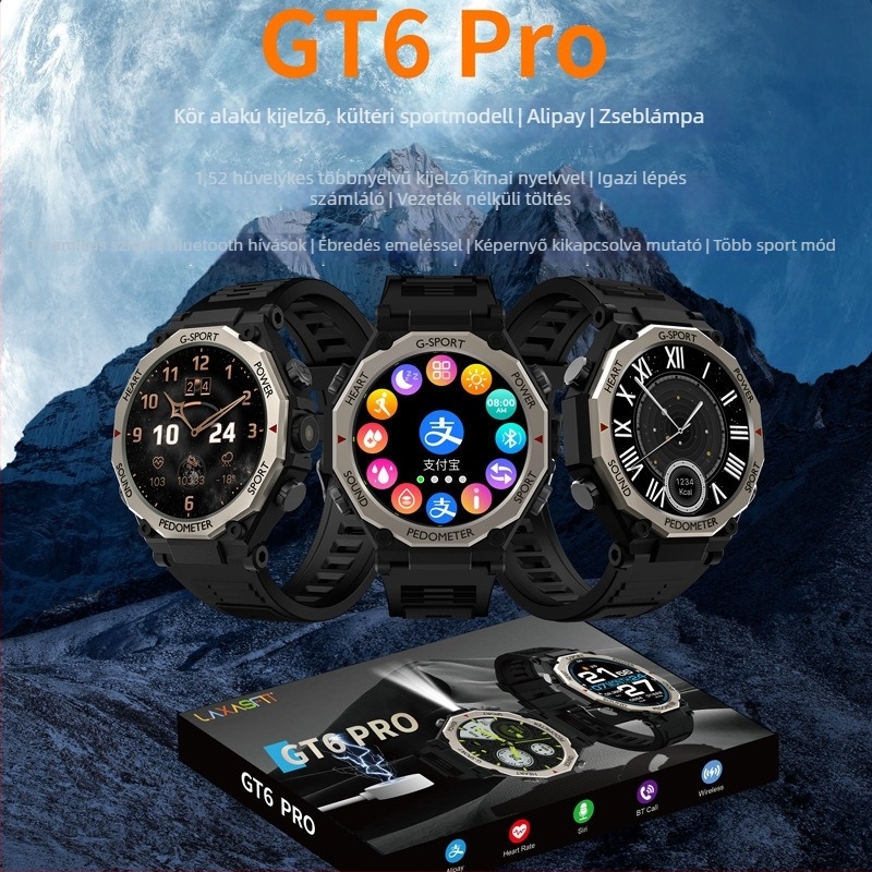 GT6 Pro Okosóra – kerek TFT kijelző, szilikon szíj, alvásfigyelés, Bluetooth kapcsolat, vezeték nélküli töltés