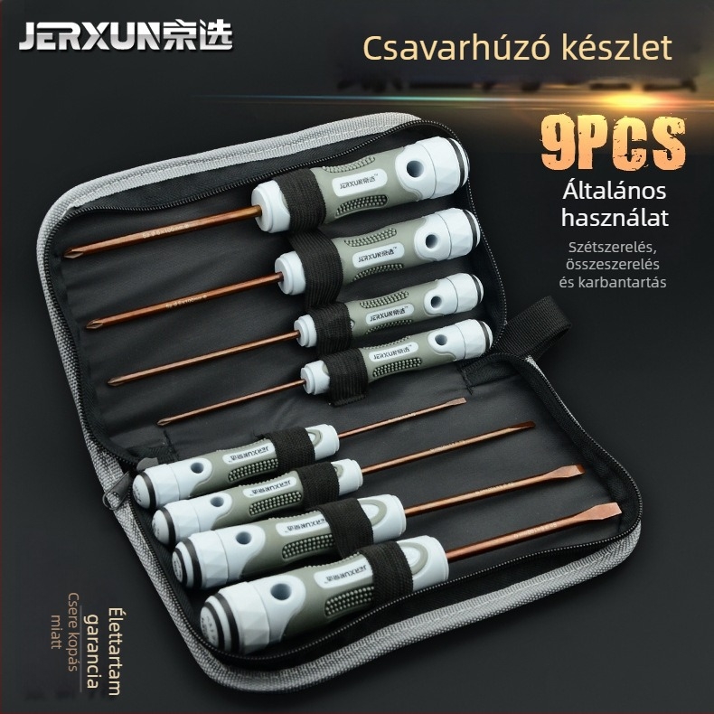 JERXUN S2 csavarhúzó készlet, 9 darabos, mágneses, S2 eszközacél, Phillips, Pozidriv, lapos fejű csavarhúzó, többfunkciós