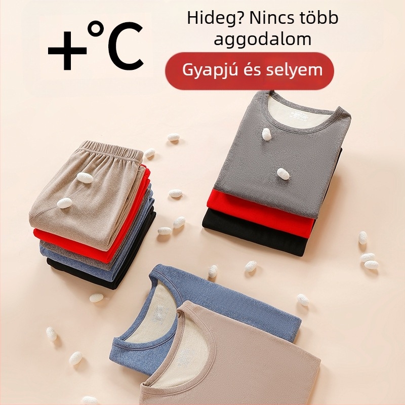 Tinédzser fiúknak gyapjú–selyem velúr termikus garnitúra – egyszínű, meleg téli öltözet, hosszú ujjú felső és nadrág