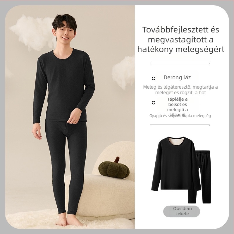 Tinédzser fiúknak gyapjú–selyem velúr termikus garnitúra – egyszínű, meleg téli öltözet, hosszú ujjú felső és nadrág