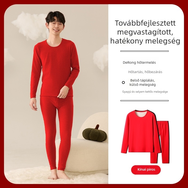Tinédzser fiúknak gyapjú–selyem velúr termikus garnitúra – egyszínű, meleg téli öltözet, hosszú ujjú felső és nadrág