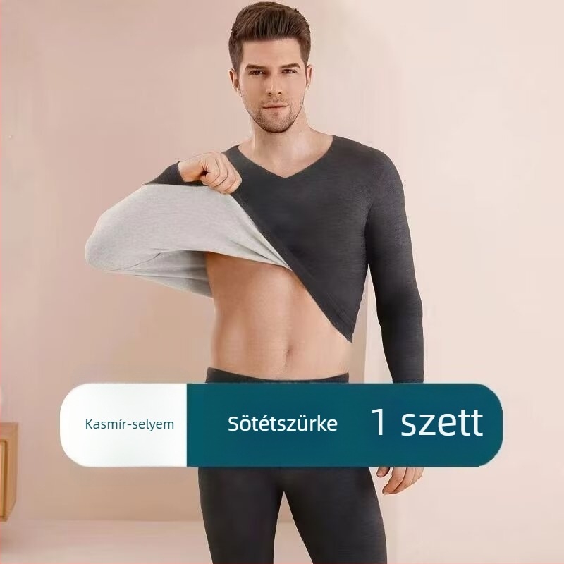 Férfi termo aláöltözet készlet, egyszínű, vastag fleece-béléses, felső és alsó rész, őszi–téli viselet