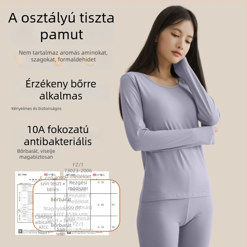 Női pamut alapréteg felső és hosszúnadrág szett, kerek nyakú, 7A antibakteriális, magas derekú, őszi-téli meleg