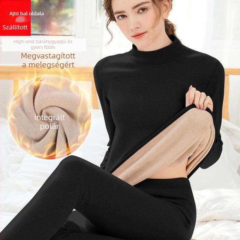 Női dupla oldalú velúr termoszett fleece-béléssel, magas nyakú felső és nadrág, téli meleg