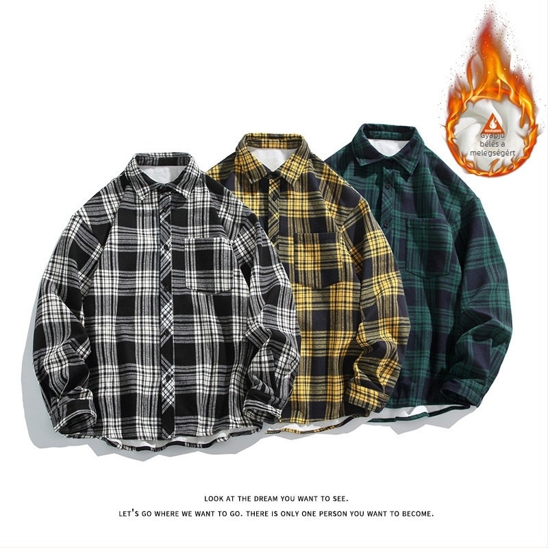 Férfi kockás hosszú ujjú ing meleg fleece béléssel, őszi-téli időszakra, laza szabás, HK/Koreai stílus