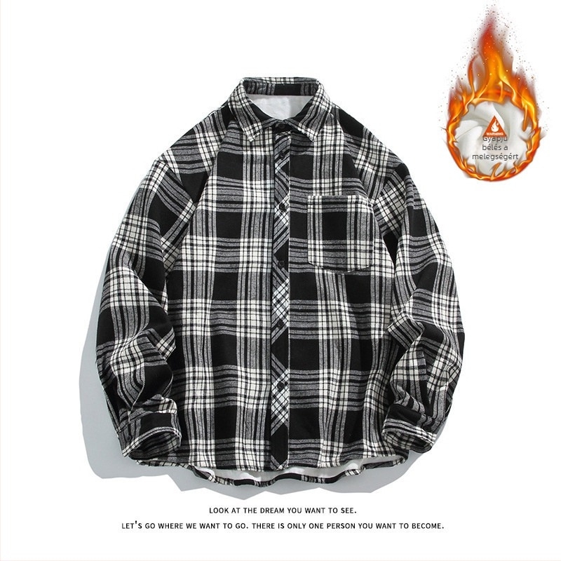 Férfi kockás hosszú ujjú ing meleg fleece béléssel, őszi-téli időszakra, laza szabás, HK/Koreai stílus