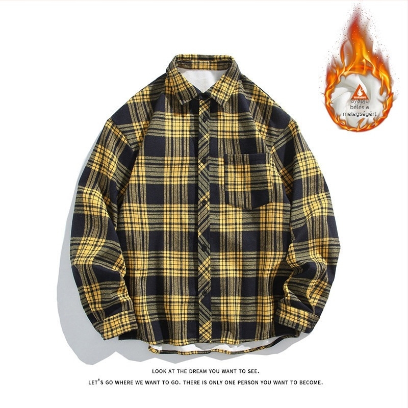 Férfi kockás hosszú ujjú ing meleg fleece béléssel, őszi-téli időszakra, laza szabás, HK/Koreai stílus