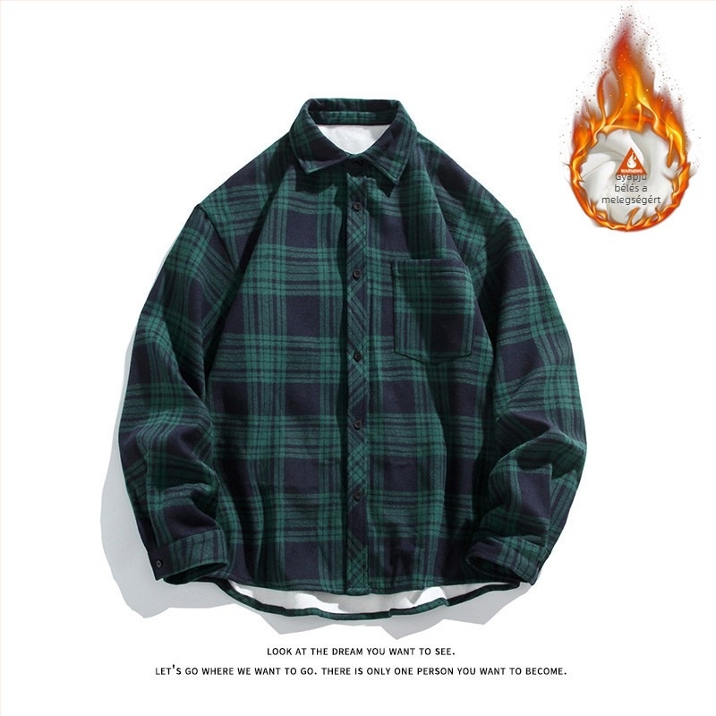 Férfi kockás hosszú ujjú ing meleg fleece béléssel, őszi-téli időszakra, laza szabás, HK/Koreai stílus
