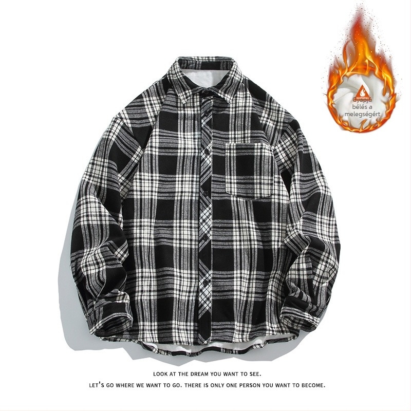 Férfi kockás hosszú ujjú ing meleg fleece béléssel, őszi-téli időszakra, laza szabás, HK/Koreai stílus