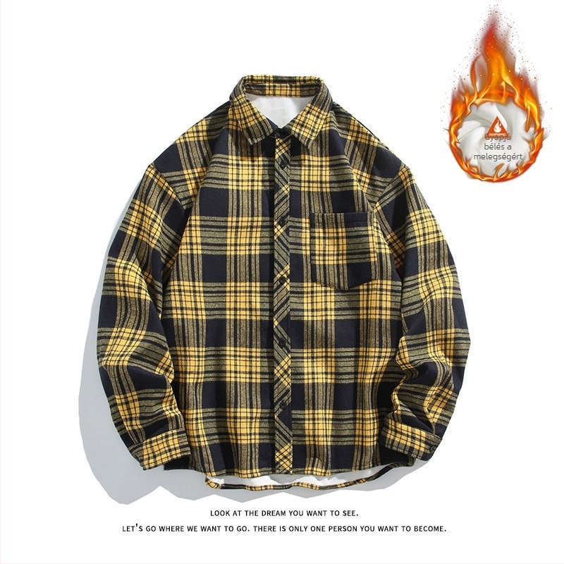 Férfi kockás hosszú ujjú ing meleg fleece béléssel, őszi-téli időszakra, laza szabás, HK/Koreai stílus