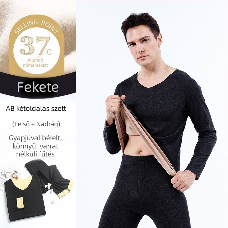 Férfi AB kétoldalas varrat nélküli termikus alsóruha készlet fleece béléssel, alapréteg őszi-téli meleghez