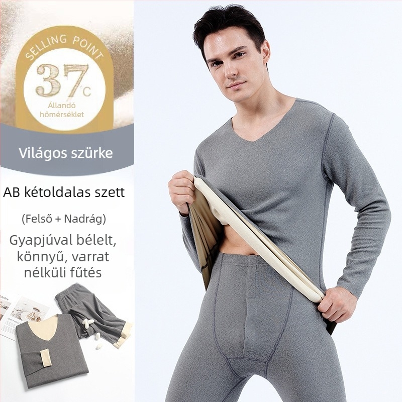 Férfi AB kétoldalas varrat nélküli termikus alsóruha készlet fleece béléssel, alapréteg őszi-téli meleghez