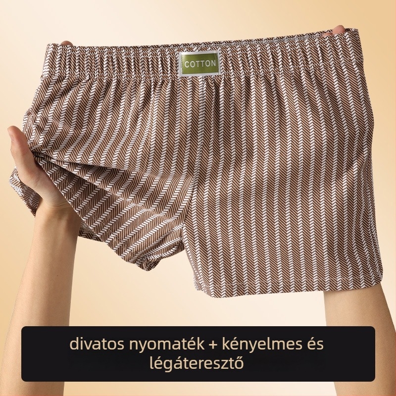 Férfi csíkos, lélegző pamut kötött boxeralsó, középmagas derekú, P079