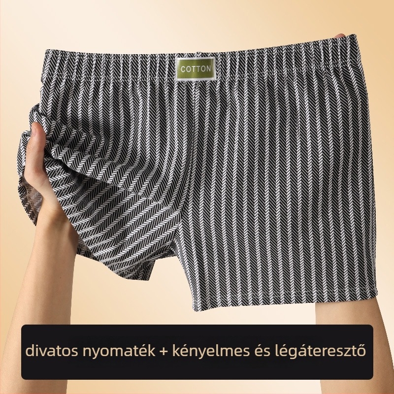 Férfi csíkos, lélegző pamut kötött boxeralsó, középmagas derekú, P079