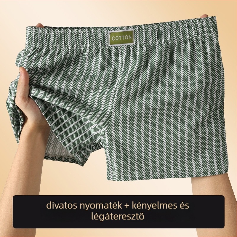 Férfi csíkos, lélegző pamut kötött boxeralsó, középmagas derekú, P079