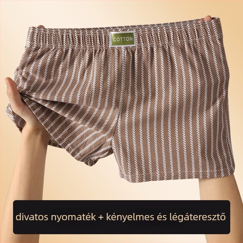 Férfi csíkos, lélegző pamut kötött boxeralsó, középmagas derekú, P079