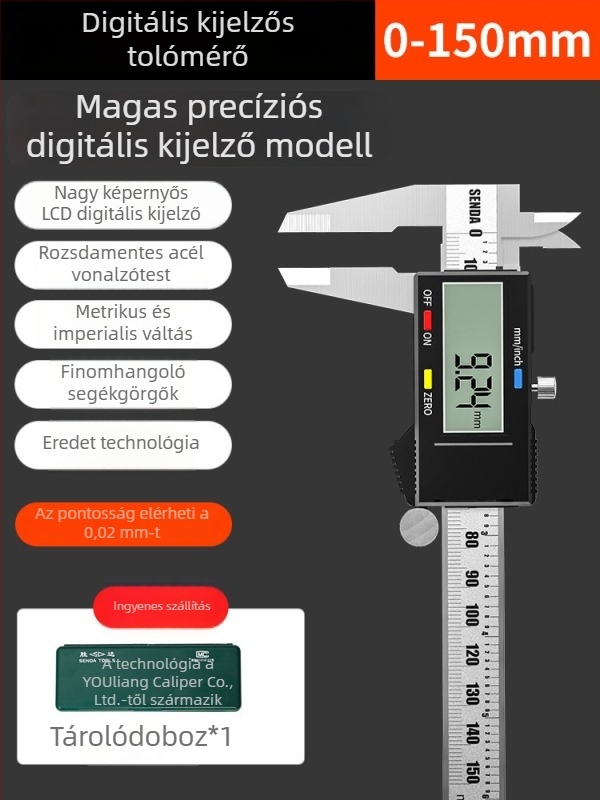 Ipari szintű Vernier tolómérő digitális kijelzővel, rozsdamentes acél, pontosság 0,02 mm