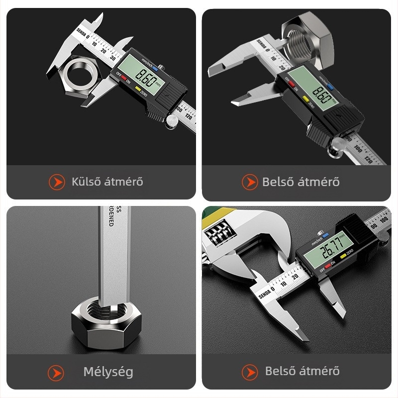 Ipari szintű Vernier tolómérő digitális kijelzővel, rozsdamentes acél, pontosság 0,02 mm