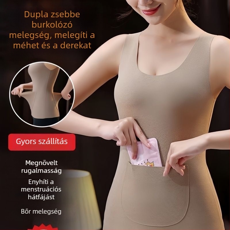 Női termoszálas mellény két zsebbel, elöl és hátul, fleece-bélés, őszi–téli alapréteg, derekát védve