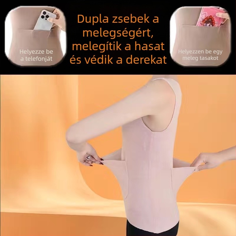 Női termoszálas mellény két zsebbel, elöl és hátul, fleece-bélés, őszi–téli alapréteg, derekát védve