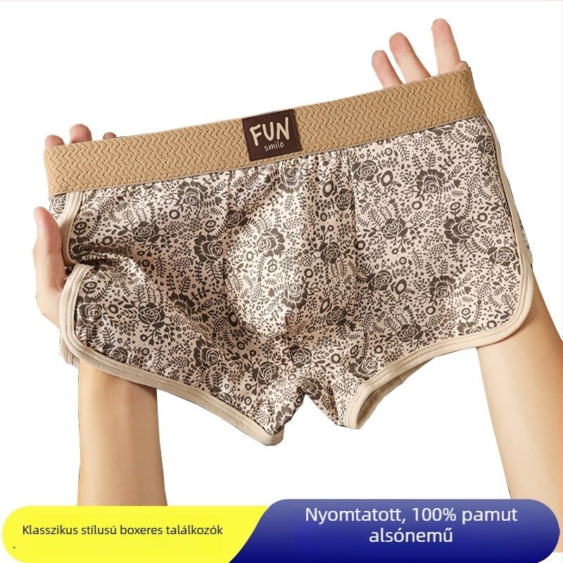 Férfi pamut boxeralsó otthonra, lélegző, szabad szabású, kötött anyag, középső derekú, virágos print vagy egyszínű minta