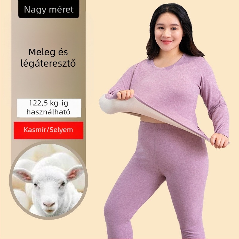 Női téli plusz méretű kasmír-selyem melegítő készlet, fleece-beléssel, felső és nadrág