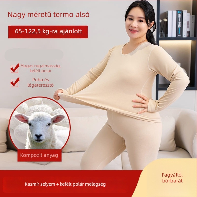 Női téli plusz méretű kasmír-selyem melegítő készlet, fleece-beléssel, felső és nadrág