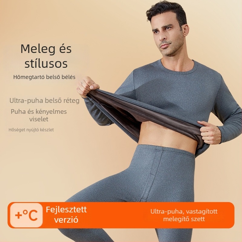 Férfi melegítő alsóruha készlet fleece-béleléssel, extra vast anyag, őszi–téli szezonra — hosszú ujjú felső és nadrág