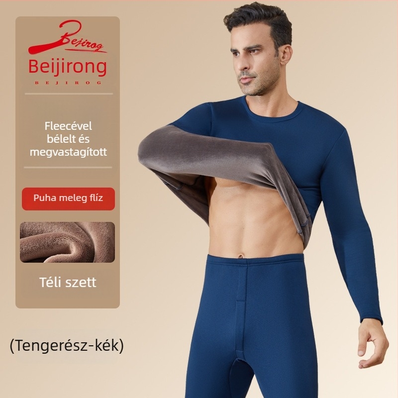Férfi melegítő alsóruha készlet fleece-béleléssel, extra vast anyag, őszi–téli szezonra — hosszú ujjú felső és nadrág