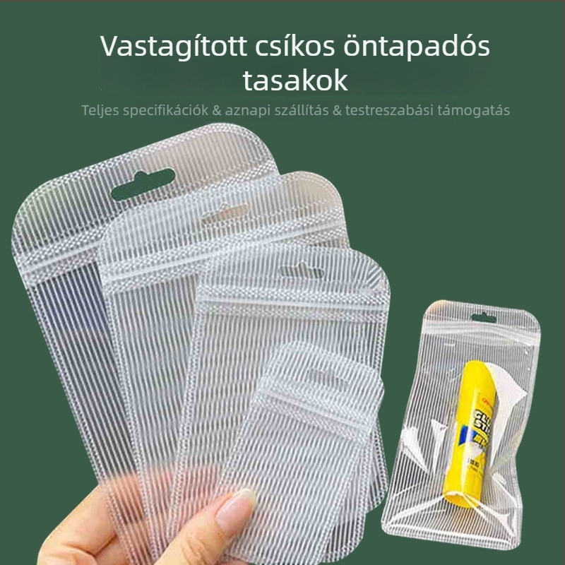 Hosszú csíkos csomagoló tasak önzáró, matt félátlátszó felülettel, csíkozott dizájn; anyag: matt film + CPP + PET; ékszercsomagoláshoz