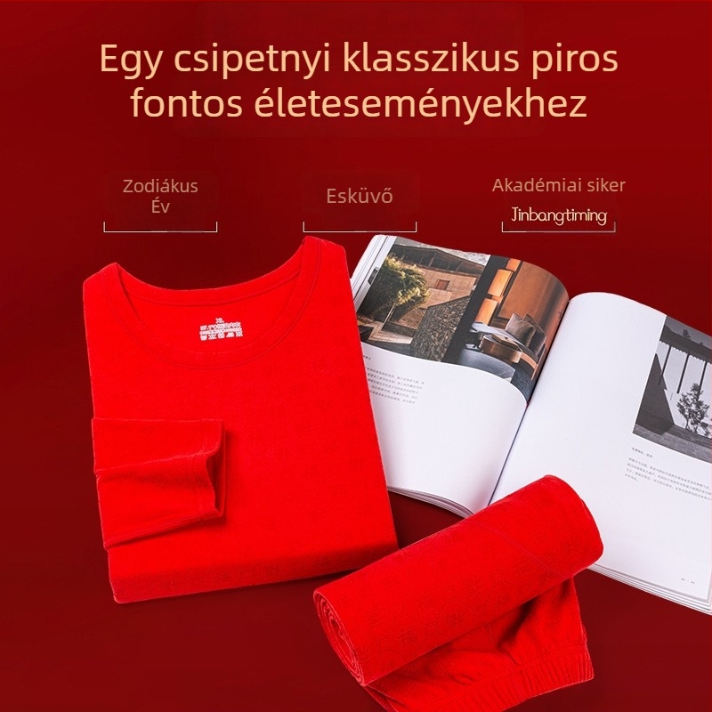 Vörös virágmintás termikus alsóruha szett, kerek nyakú felső és hosszú ujjú alsó, nadrág, őszi–téli uniszex.