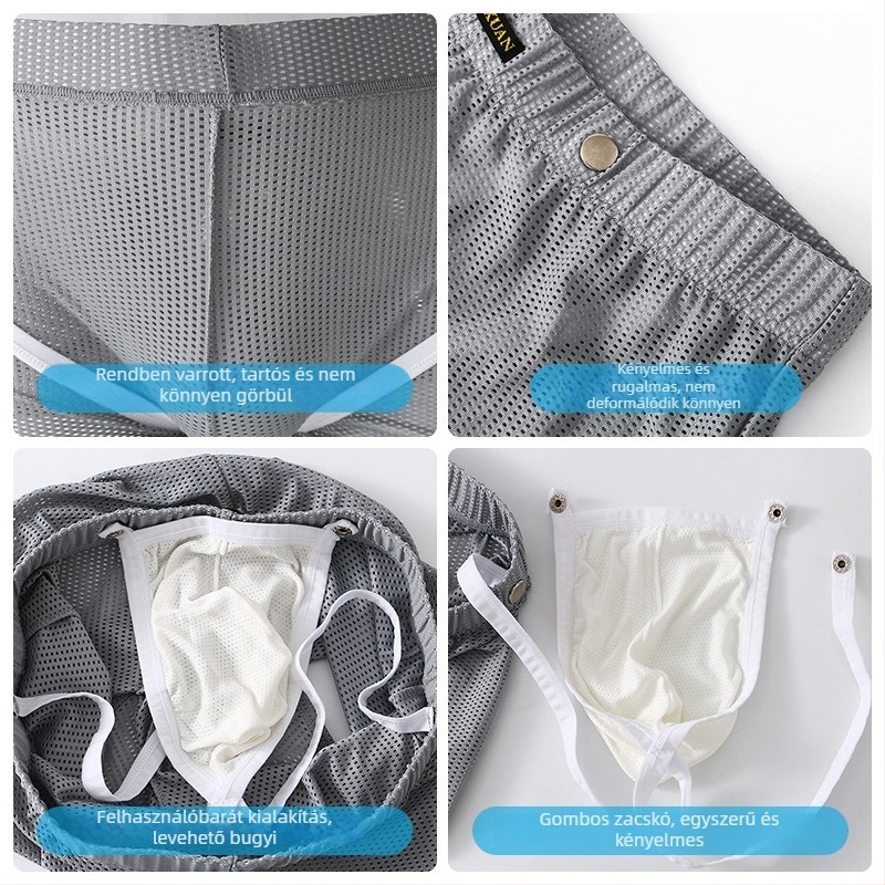 Férfi sportos boxer rövidnadrág különálló kivehető zsebbel, lélegző nylon Ice Silk hálóval, gyorsan száradó, középső derekú