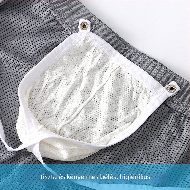 Férfi sportos boxer rövidnadrág különálló kivehető zsebbel, lélegző nylon Ice Silk hálóval, gyorsan száradó, középső derekú