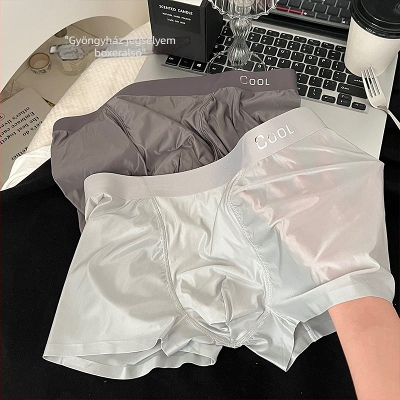 Peach Dona luxus szatén, Ice Silk és Mulberry Silk, hyaluronsav, férfi boxer brief megnagyobbodott erszényével és lélegző ágyéktájékkal