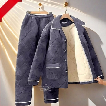 Férfi téli pizsama készlet fleece bélésével, vastag háromrétegű pamut kabáttal, meleg flanel otthoni viselet