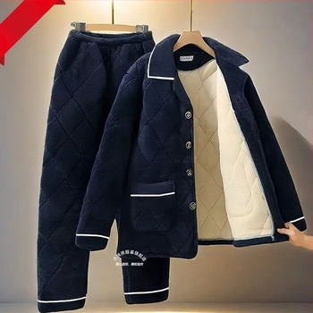 Férfi téli pizsama készlet fleece bélésével, vastag háromrétegű pamut kabáttal, meleg flanel otthoni viselet