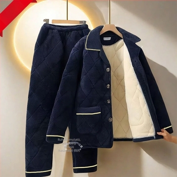 Férfi téli pizsama készlet fleece bélésével, vastag háromrétegű pamut kabáttal, meleg flanel otthoni viselet
