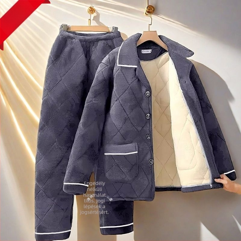 Férfi téli pizsama készlet fleece bélésével, vastag háromrétegű pamut kabáttal, meleg flanel otthoni viselet