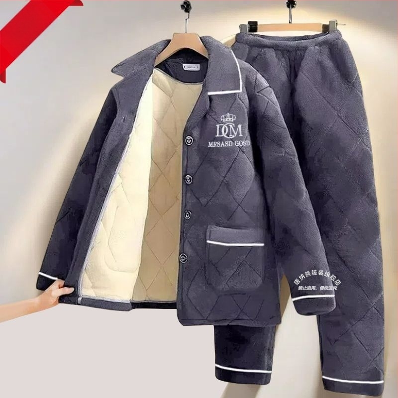 Férfi téli pizsama készlet fleece bélésével, vastag háromrétegű pamut kabáttal, meleg flanel otthoni viselet