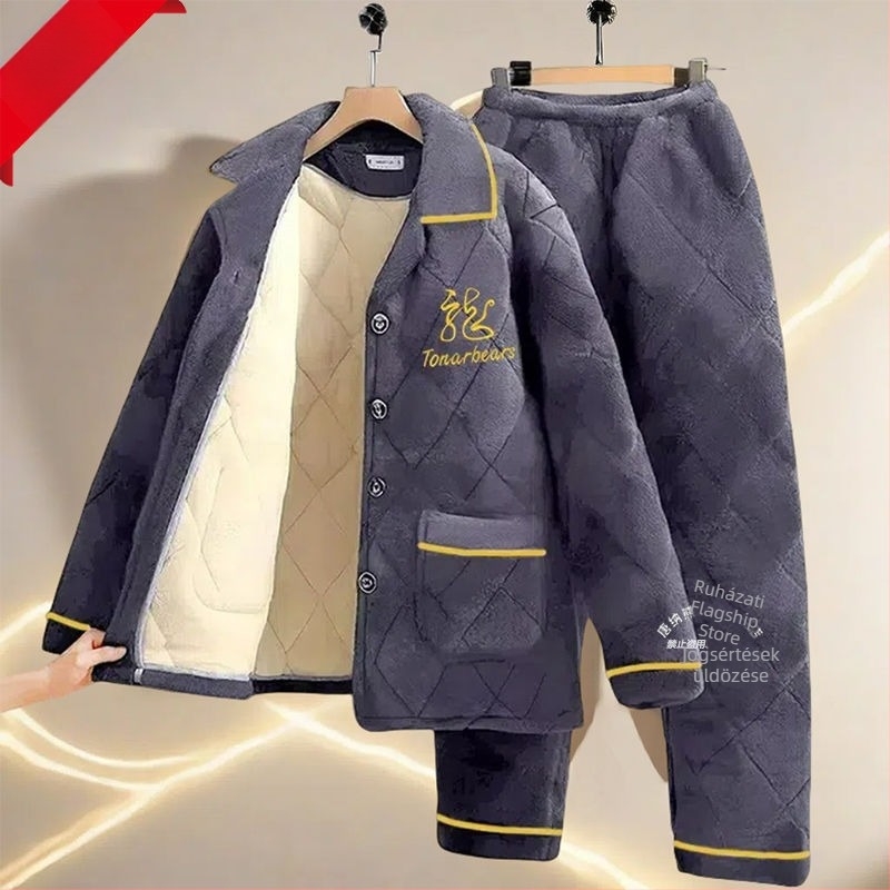 Férfi téli pizsama készlet fleece bélésével, vastag háromrétegű pamut kabáttal, meleg flanel otthoni viselet