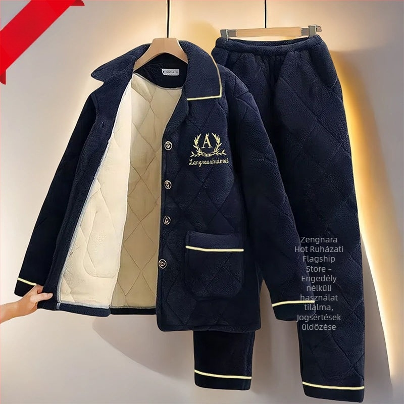 Férfi téli pizsama készlet fleece bélésével, vastag háromrétegű pamut kabáttal, meleg flanel otthoni viselet