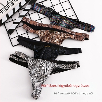 Férfi poliészter kígyó mintás egyrészes tangás alsónemű, alacsony derekú, nagy zsebbel (90–95% poliészter)