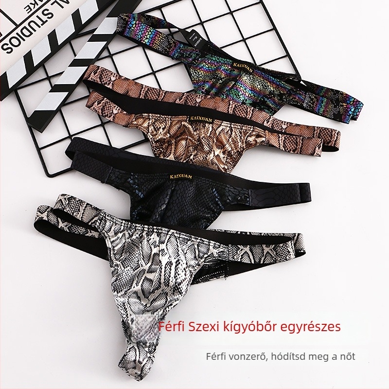 Férfi poliészter kígyó mintás egyrészes tangás alsónemű, alacsony derekú, nagy zsebbel (90–95% poliészter)