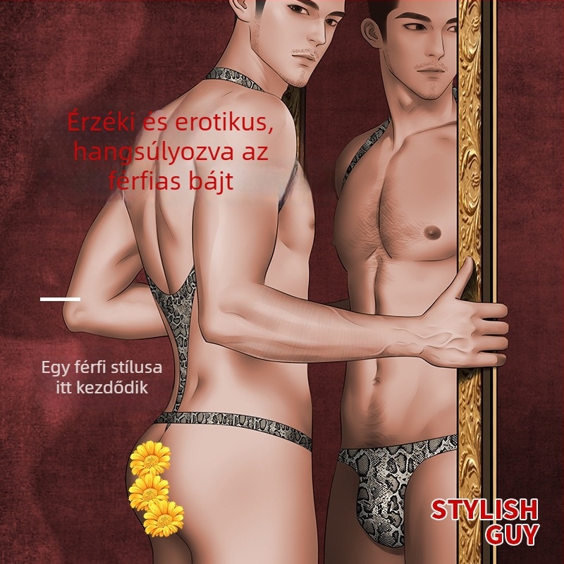 Férfi poliészter kígyó mintás egyrészes tangás alsónemű, alacsony derekú, nagy zsebbel (90–95% poliészter)