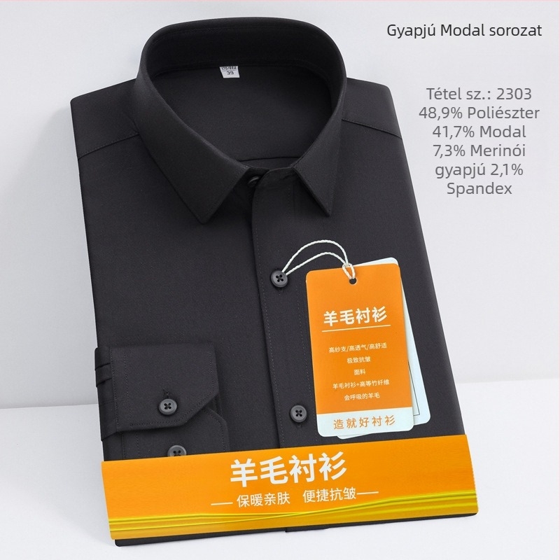 Férfi modal ing tavasz-őszre, hosszú ujjú, négyszögletes gallér, vastagabb anyag, üzleti casual stílus, vasalás nélkül, bőrbarát