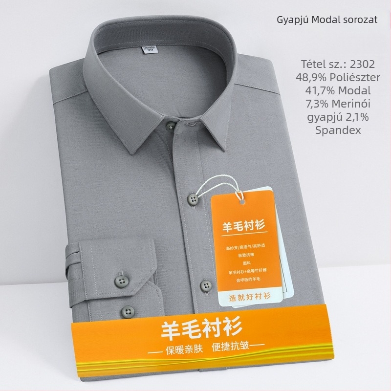 Férfi modal ing tavasz-őszre, hosszú ujjú, négyszögletes gallér, vastagabb anyag, üzleti casual stílus, vasalás nélkül, bőrbarát