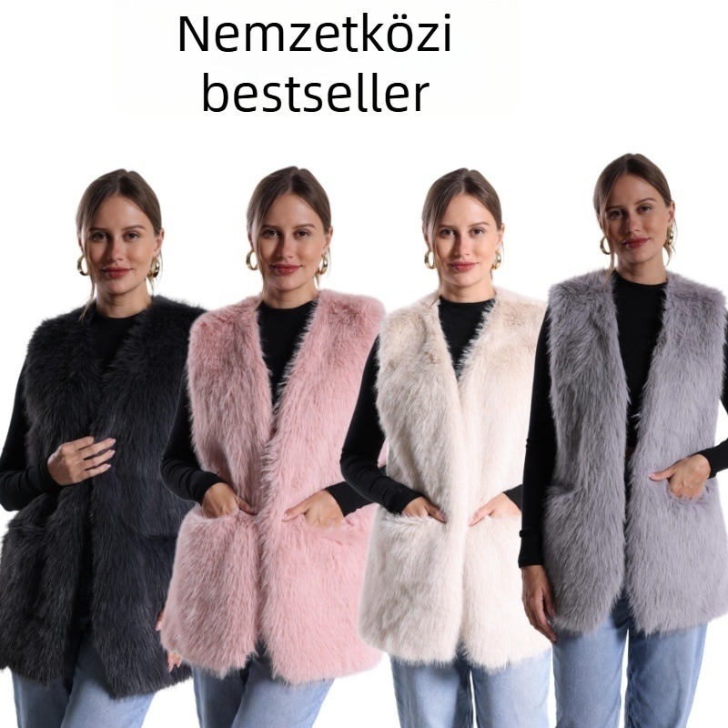 Mellény műszőrrel, V-nyakú, poliészter, lazán szabott, középső hossz (Anyag: Poliészter; Fő anyag: Műszőrme; Nyak: V-nyak; Sziluett: Lazán szabott; Hossz: Közepes)